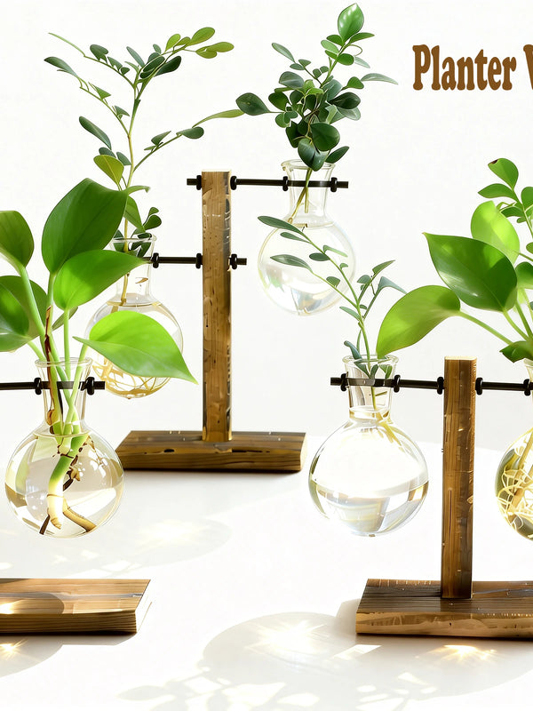 Hydroponic Plant Vases Vintage Flower Pot Transparent Vase Terrarium Wooden Frame Glass Tabletop Plants Home Vasevase Decor