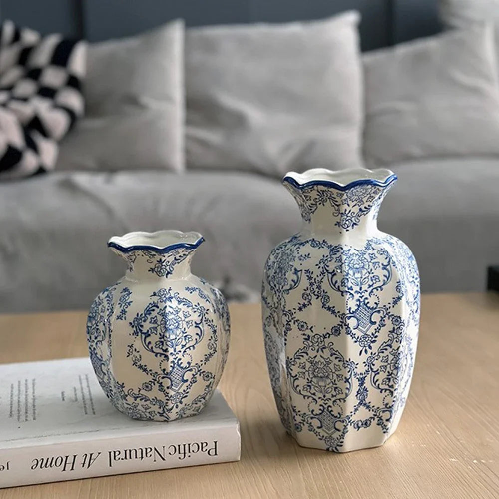 Hand-Painted Vase Blue White Porcelain Vase Elegant Home Decor Living Room Entryway Desktop Flower Arrangement Display Ornaments
