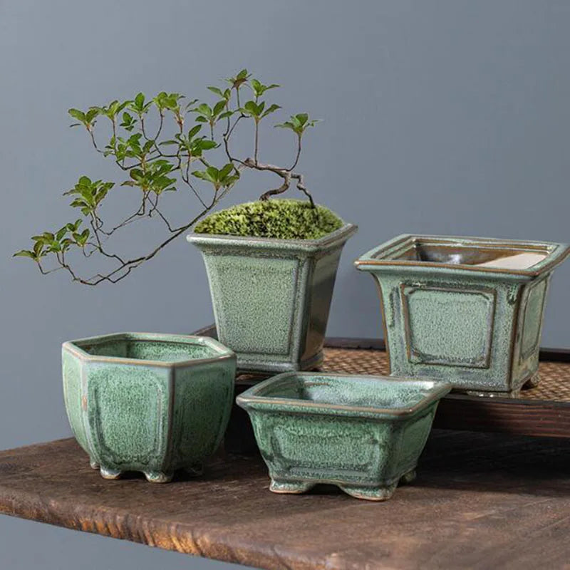 Coarse Pottery Glazed Succulent Plant Pot Flowerpot Gardening Bonsai Vase Planter Office Desktop Ornaments Home Decor