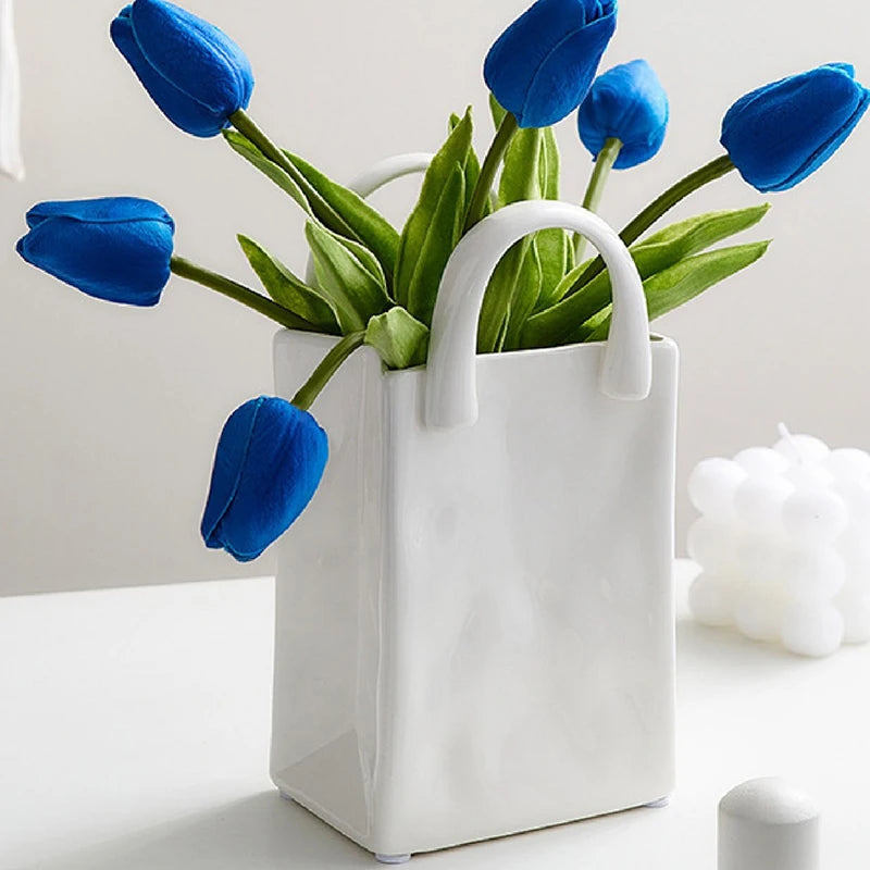 HUA HUA Handbag Shape Vase Modern Decorative White Vase Home Decoration Dried Flower Arrangement Table Decoration
