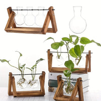 Glass Hydroponic Vase with Wooden Stand Creative Simple Desktop Green Plant Cultivation Container Home Decoration Ornament