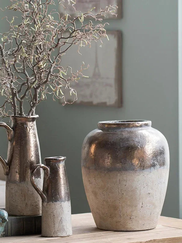 Vintage Distressed Coarse Pottery Vase Handmade Flower Arrangement Ornament for Living Room Bedroom - Unique Flower Vessel