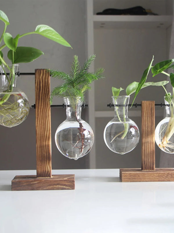 Creative Glass Desktop Planter Bulb Vase Wooden Stand Hydroponic Plant Container Home Tabletop Decor Vases